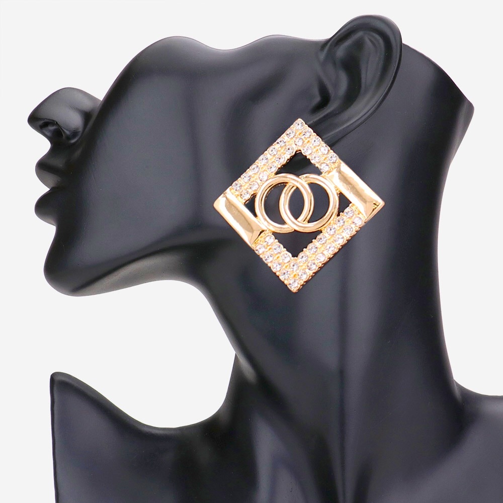 Gold or Silver Geometric Rhinestone Embellished Statement Earrings